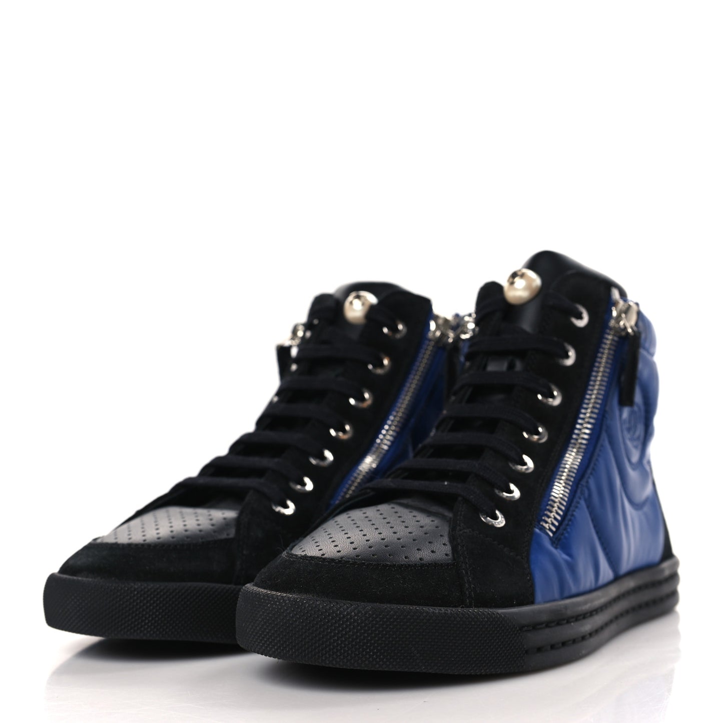 Calfskin Pearl High Top CC Sneakers 37 Black Blue