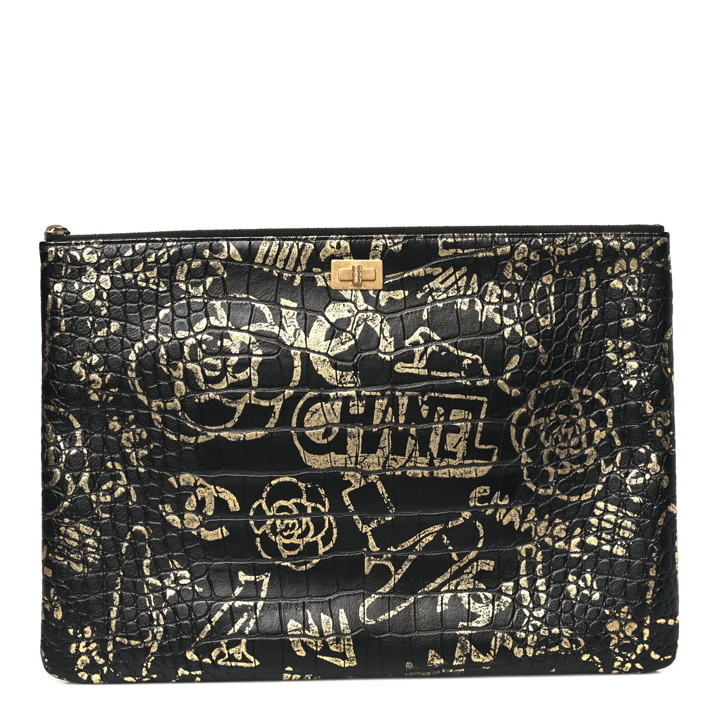 Calfskin Crocodile Embossed Graffiti 2.55 Large Cocodile Reissue Cosmetic Case Black Gold