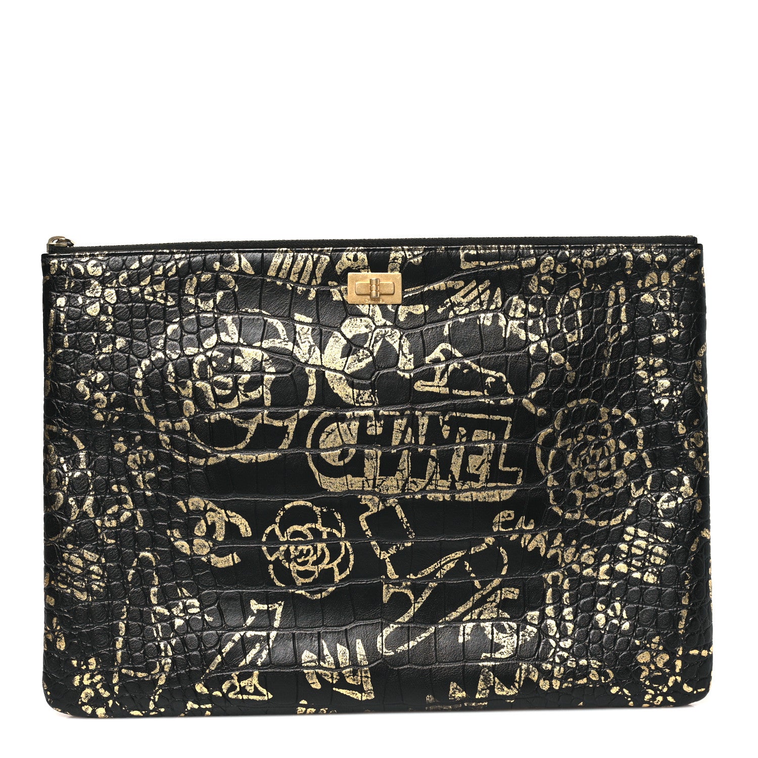 Chanel Calfskin Crocodile Embossed Graffiti 2.55 Large Cocodile Reissue Cosmetic Case Black Gold 1 of 9