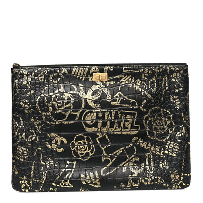Chanel Calfskin Crocodile Embossed Graffiti 2.55 Large Cocodile Reissue Cosmetic Case Black Gold 1 of 9