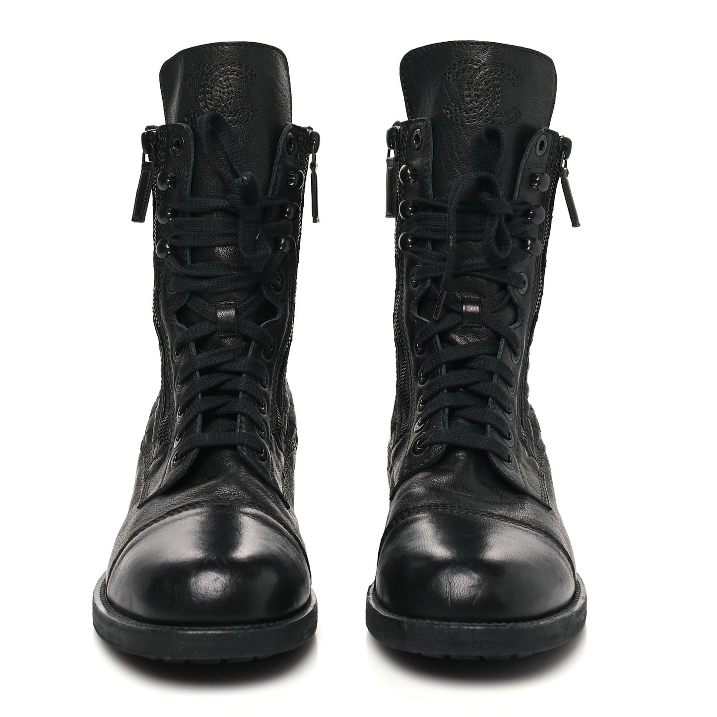 Sheepskin Quilted CC Tall Lace Up Combat Boots 41 Black