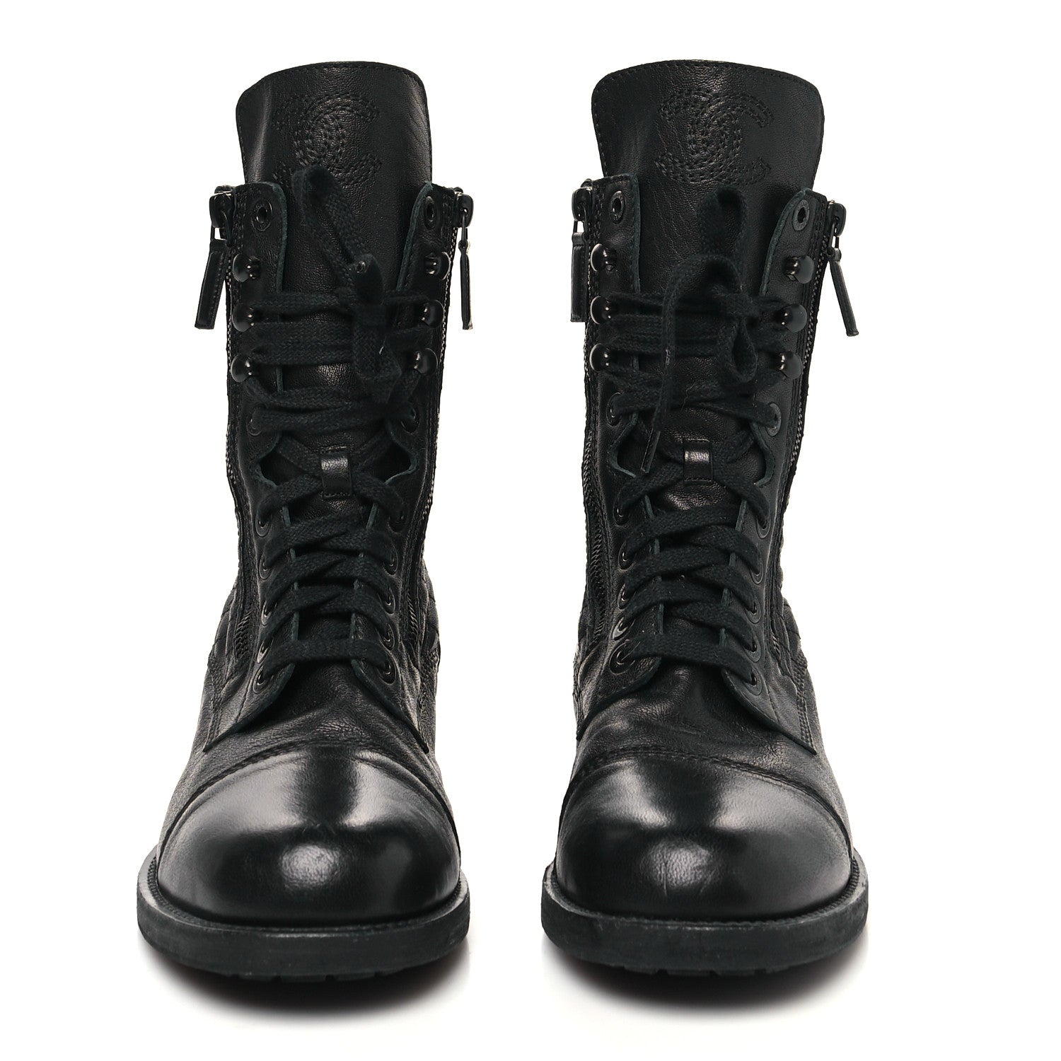 Chanel Sheepskin Quilted CC Tall Lace Up Combat Boots 41 Black 2 of 7
