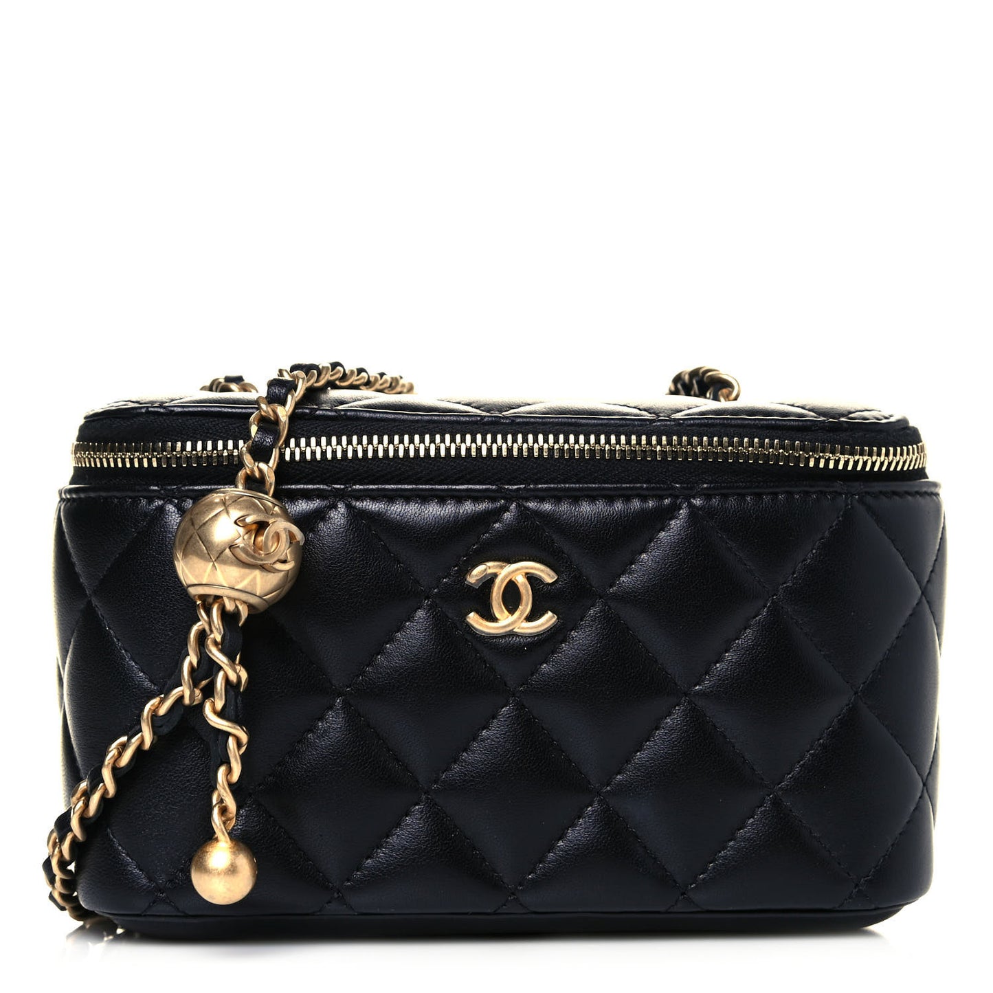Lambskin Quilted Pearl Crush Small Vanity Case With Chain Black