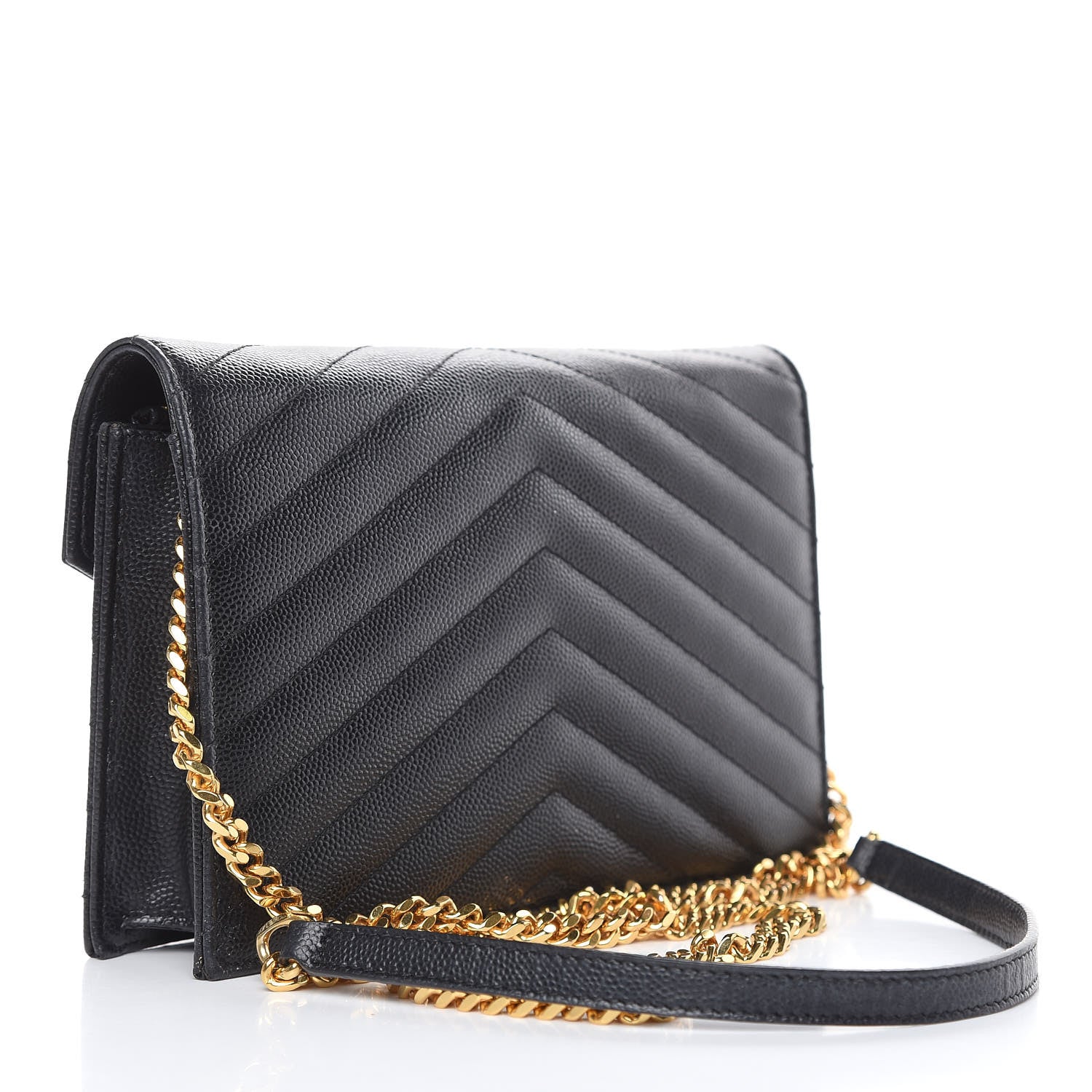 Saint Laurent Grain De Poudre Matelasse Chevron Monogram Envelope Chain Wallet Black 3 of 20