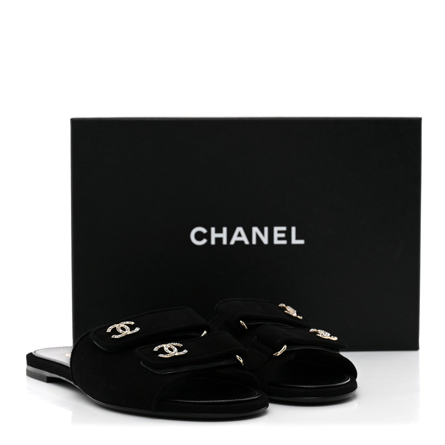 Suede Kidskin Velcro Crystal CC Mules 38.5 Black
