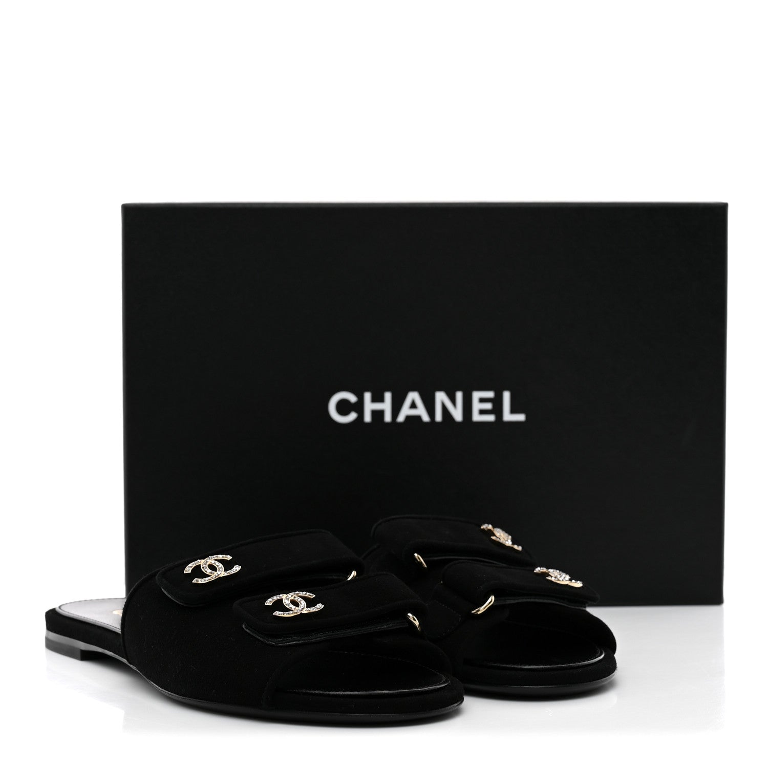 Chanel Suede Kidskin Velcro Crystal CC Mules 38.5 Black 10 of 10