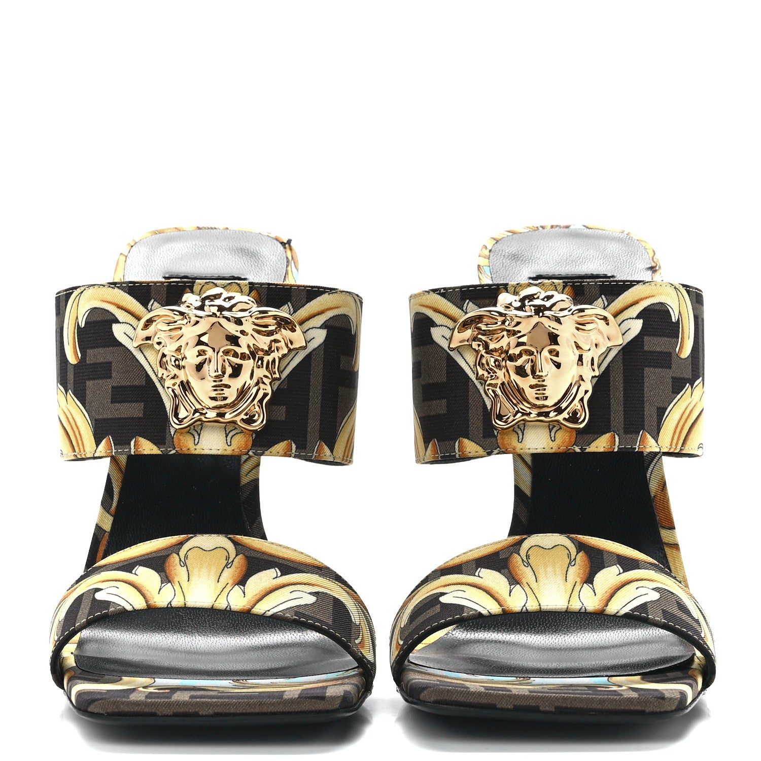 Versace X FENDI Silk Fendace Baroque Medusa High Heel Mule Sandals 39 Tobacco Black Gold 2 of 8