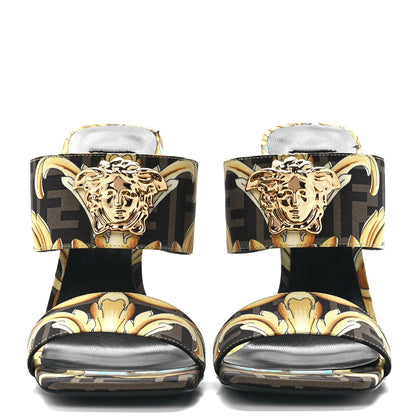 Versace X FENDI Silk Fendace Baroque Medusa High Heel Mule Sandals 39 Tobacco Black Gold 2 of 8