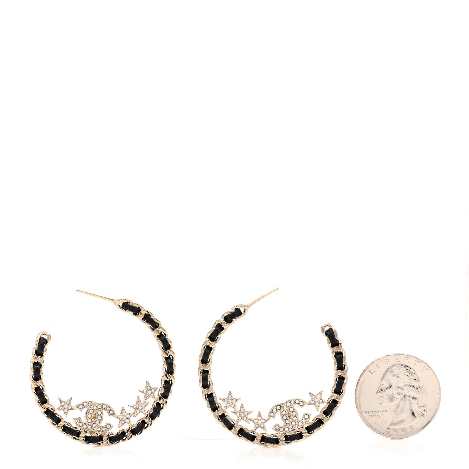 Chanel Lambskin Chain Crystal CC Star Chain Hoop Earrings Gold Black 2 of 5