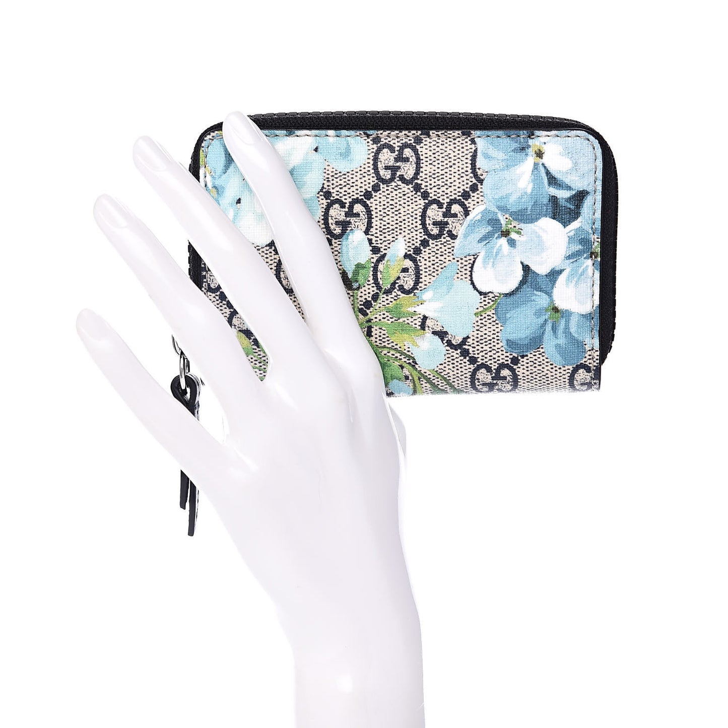 GG Supreme Monogram Blooms Zip Around Card Case Wallet Beige Blue Navy