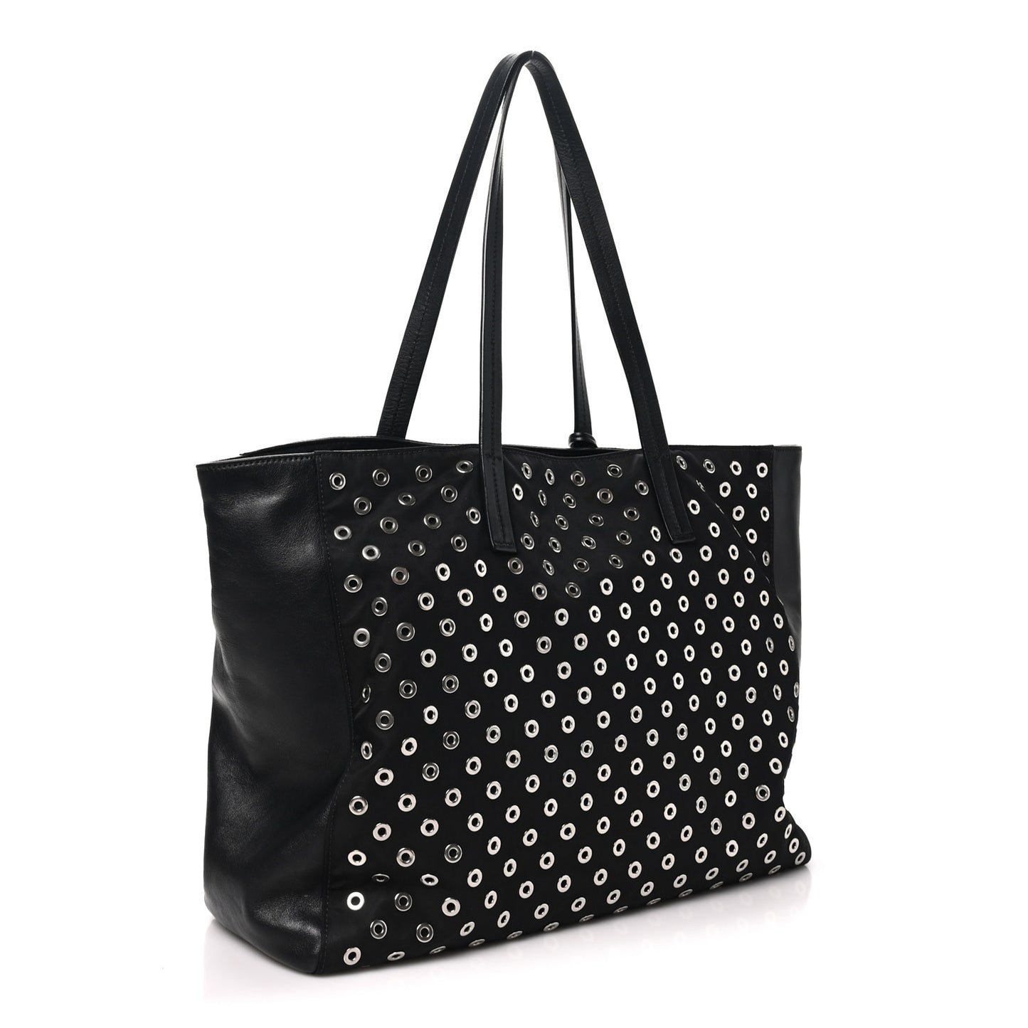 Tessuto Nylon Calfskin Grommet Tote Black