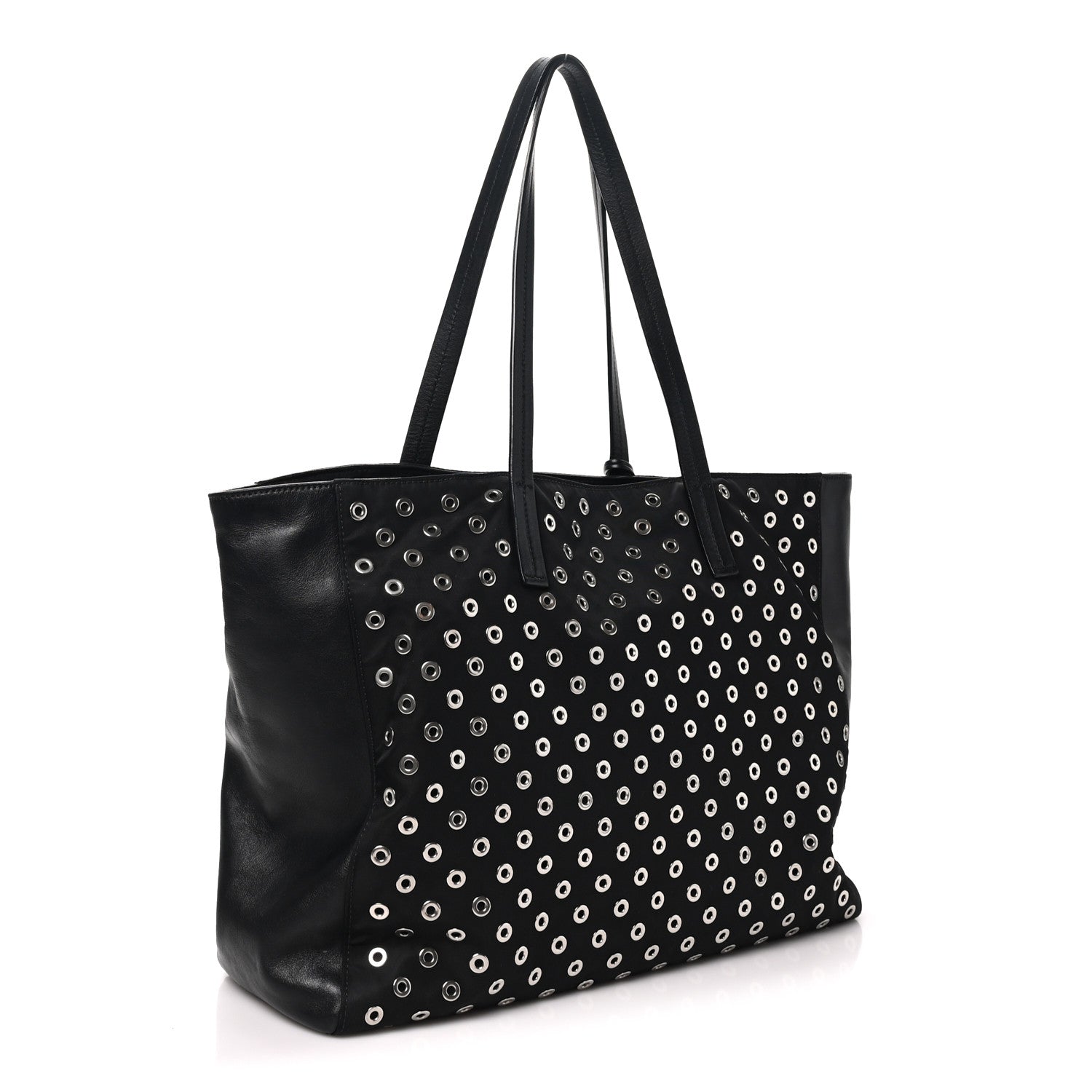 Prada Tessuto Nylon Calfskin Grommet Tote Black 2 of 8