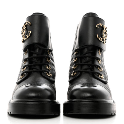 Chanel Shiny Goatskin Calfskin Quilted Lace Up Combat Boots 39 Black 2 of 10