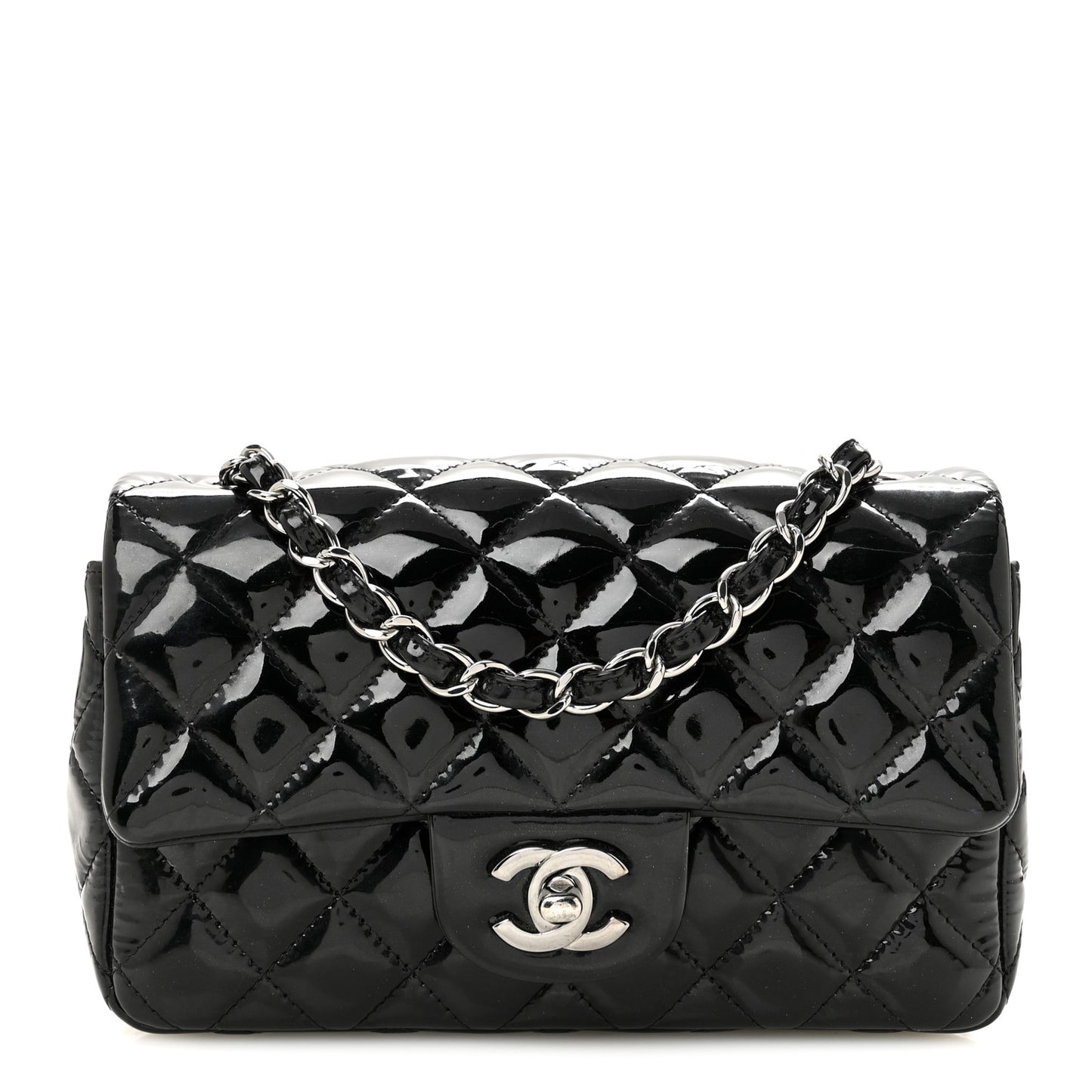 Patent Calfskin Quilted Mini Rectangular Flap Black