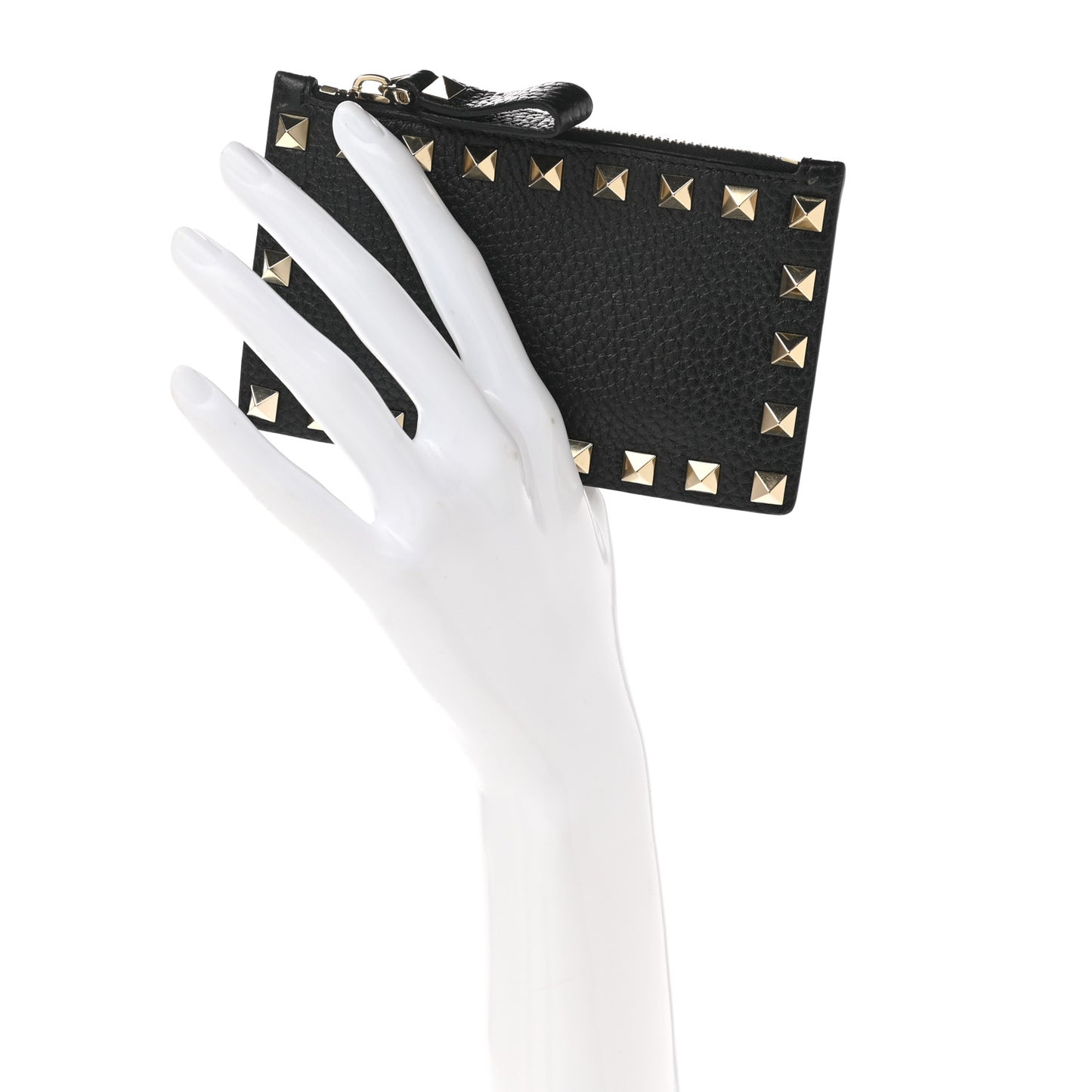Pebbled Calfskin Rockstud Coin Case Card Holder Black