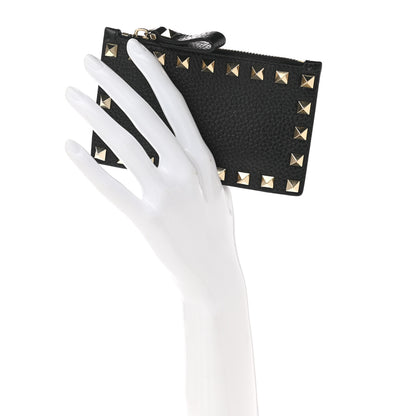 Valentino Garavani Pebbled Calfskin Rockstud Coin Case Card Holder Black 2 of 9