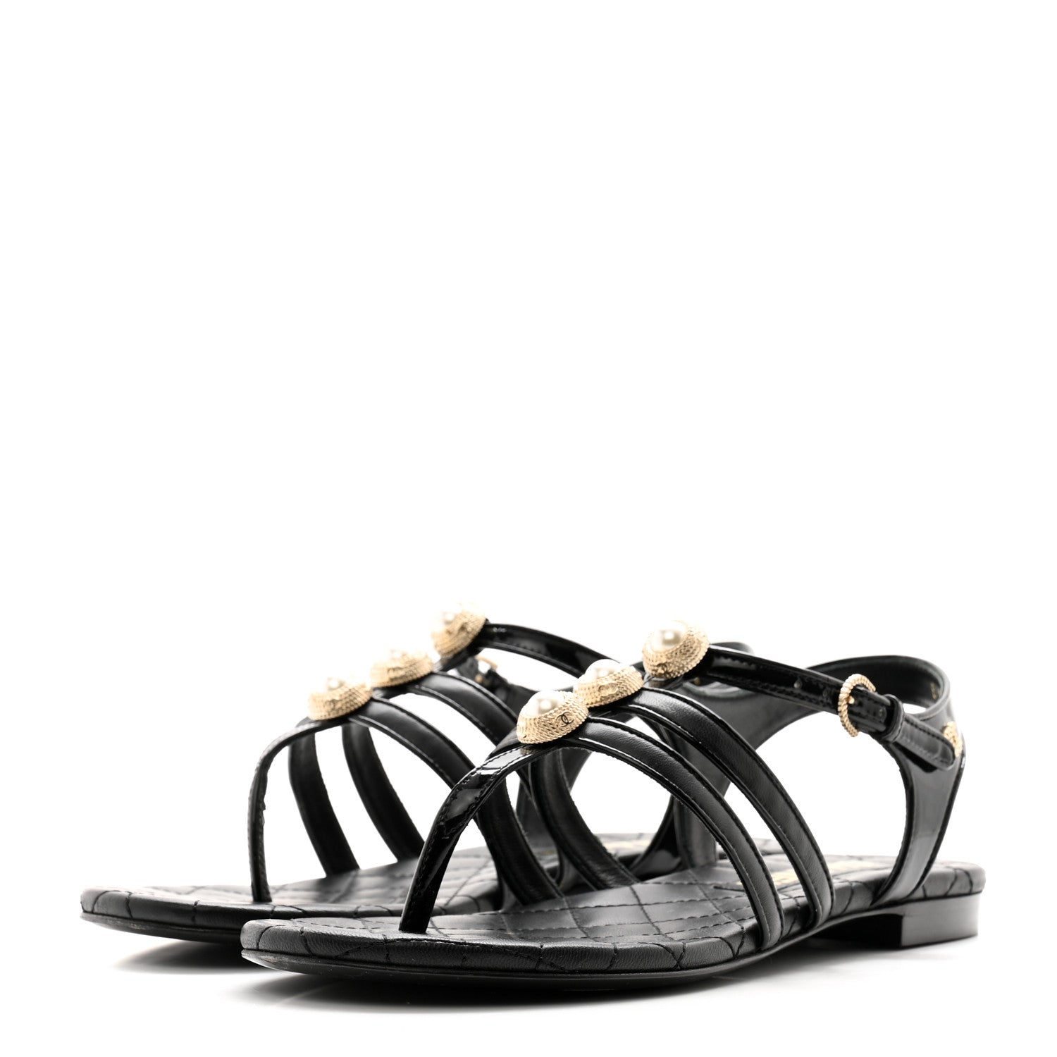 Chanel Lambskin Pearl Thong Sandals 36.5 Black 3 of 12
