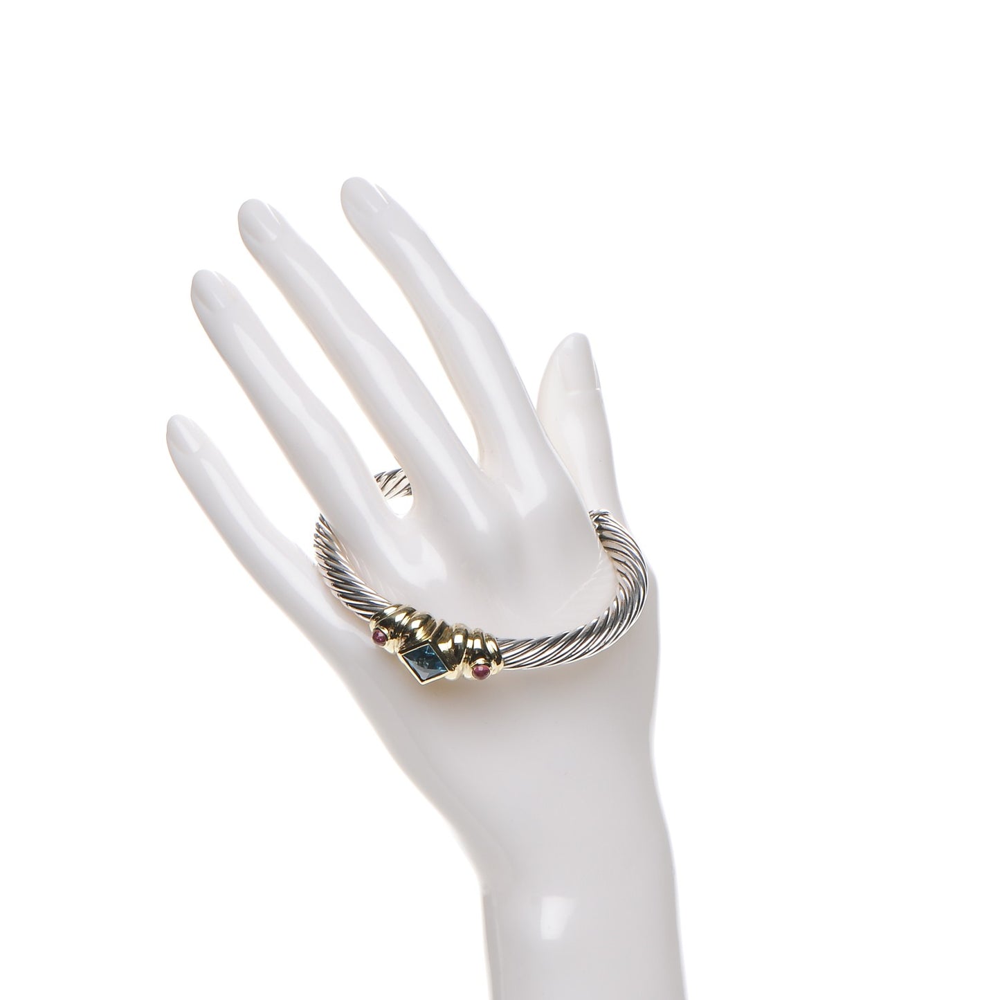 Sterling Silver 14K Yellow Gold 7mm Blue Topaz Pink Tourmaline Renaissance Cable Station Bracelet