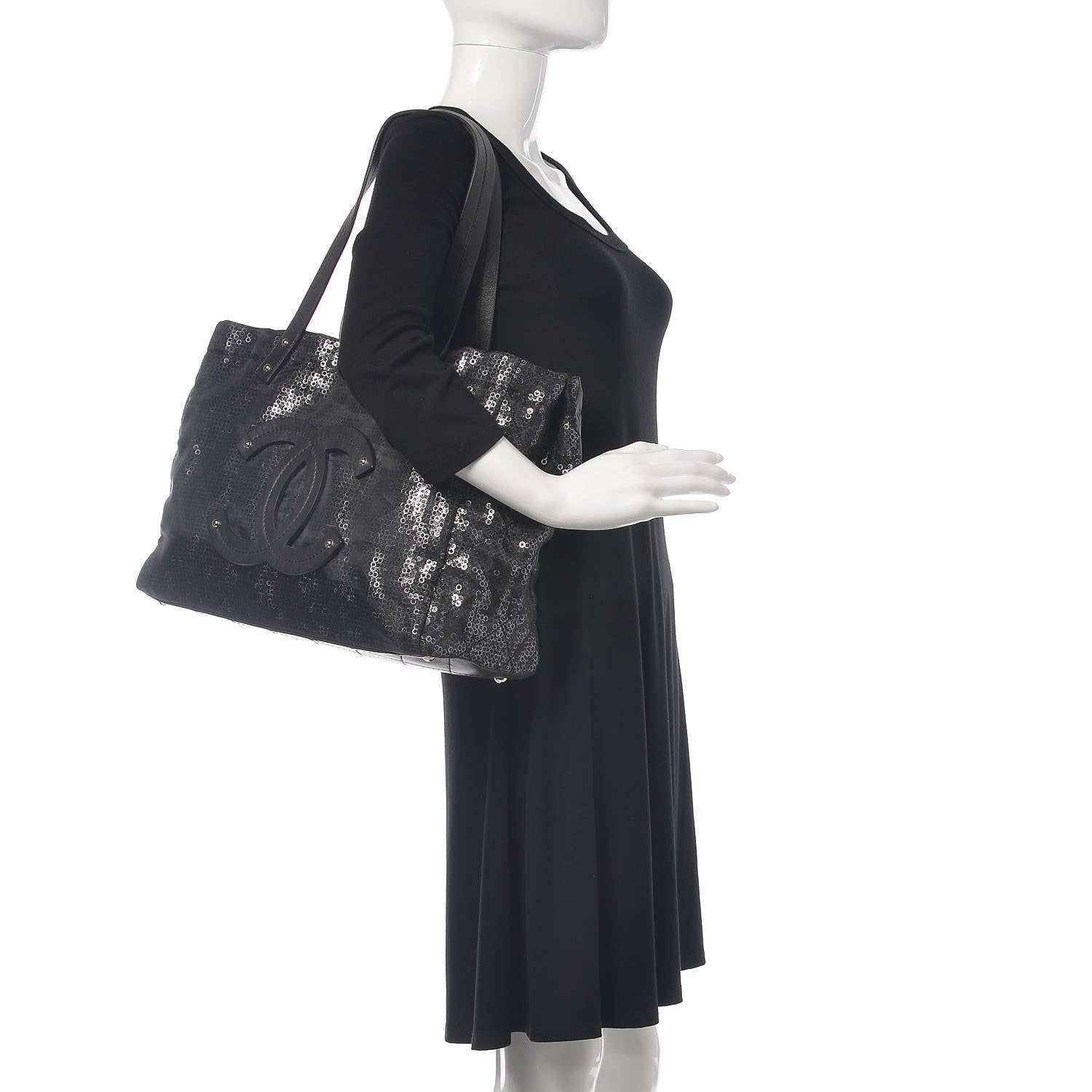 Chanel Calfskin Mesh Hidden Sequin CC Tote Black 2 of 9