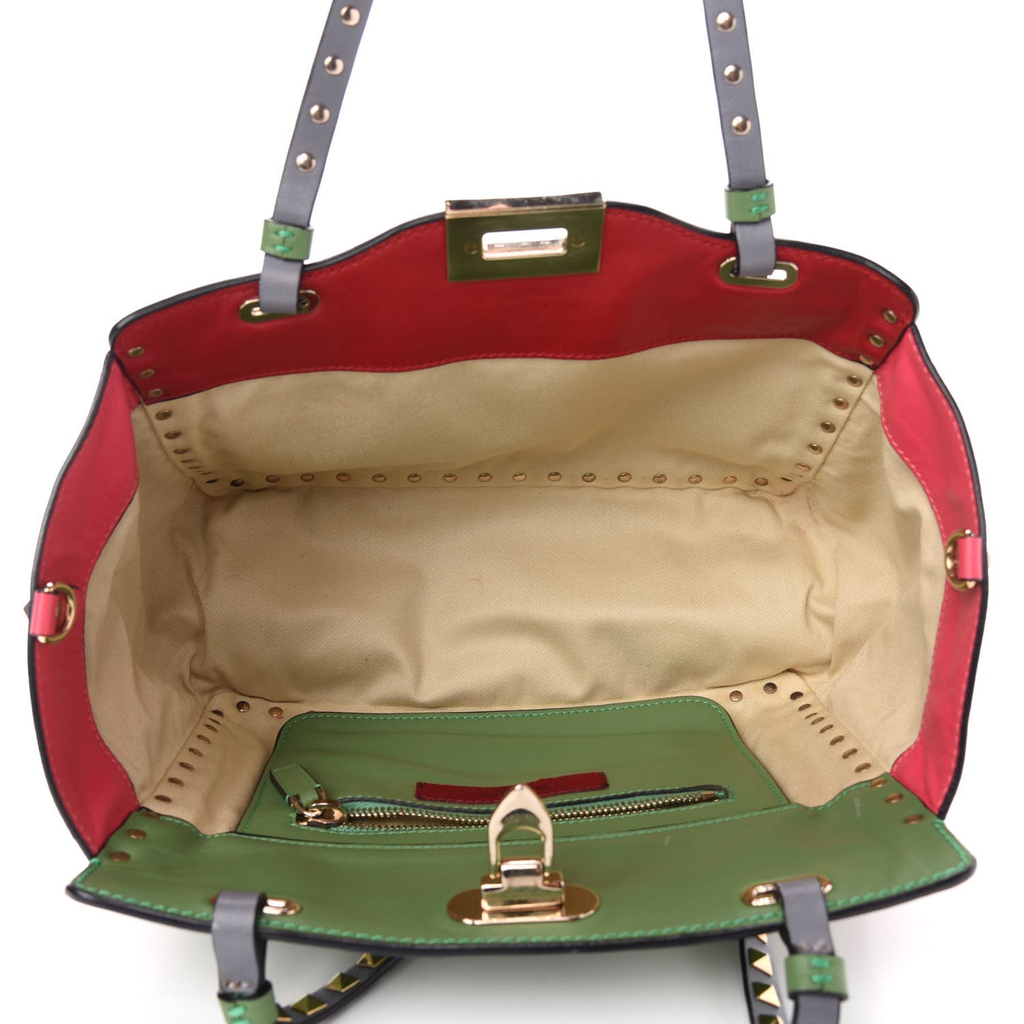 Vitello Colorblock Small Rockstud Tote Deep Rose Clover Grey Scarlet