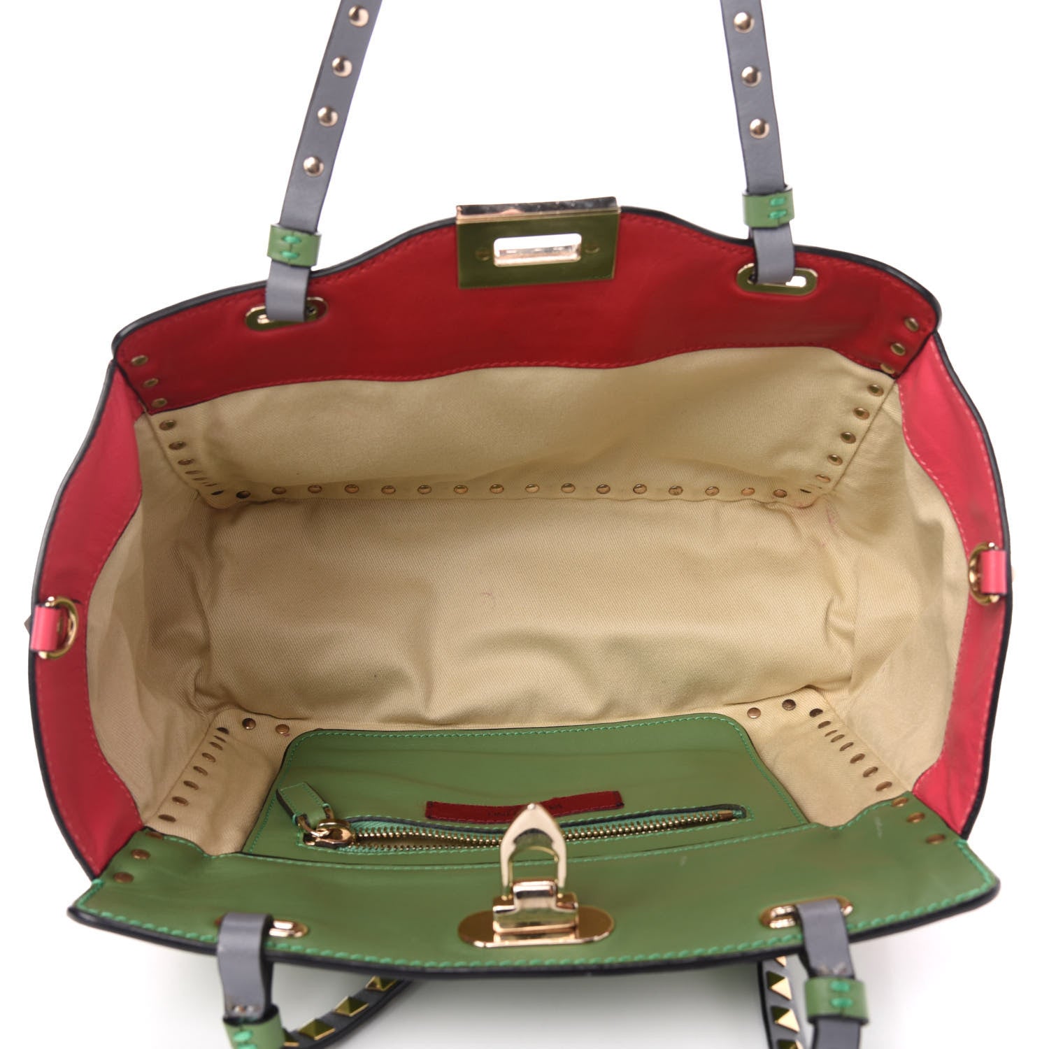 Valentino Garavani Vitello Colorblock Small Rockstud Tote Deep Rose Clover Grey Scarlet 5 of 18