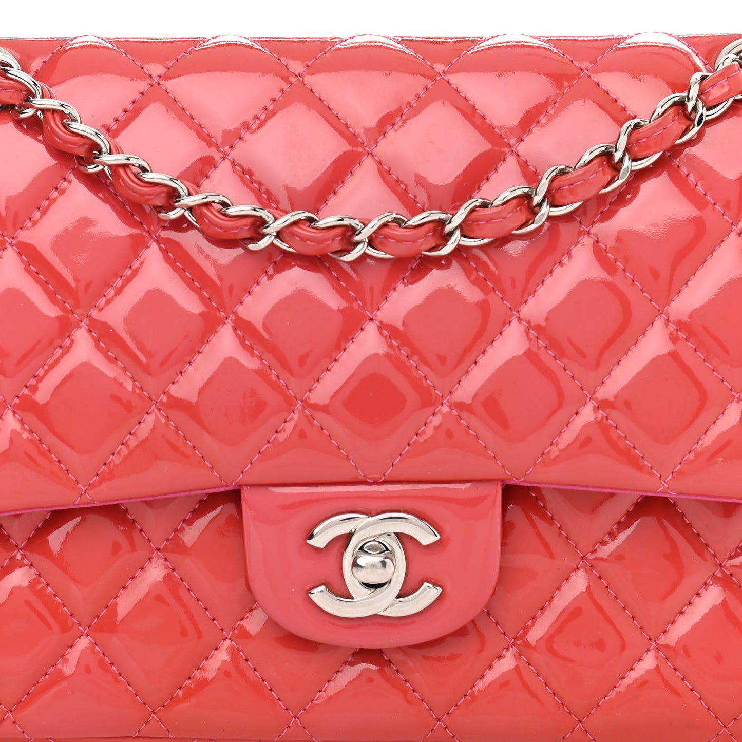 Patent Quilted Medium Double Flap Fuchsia