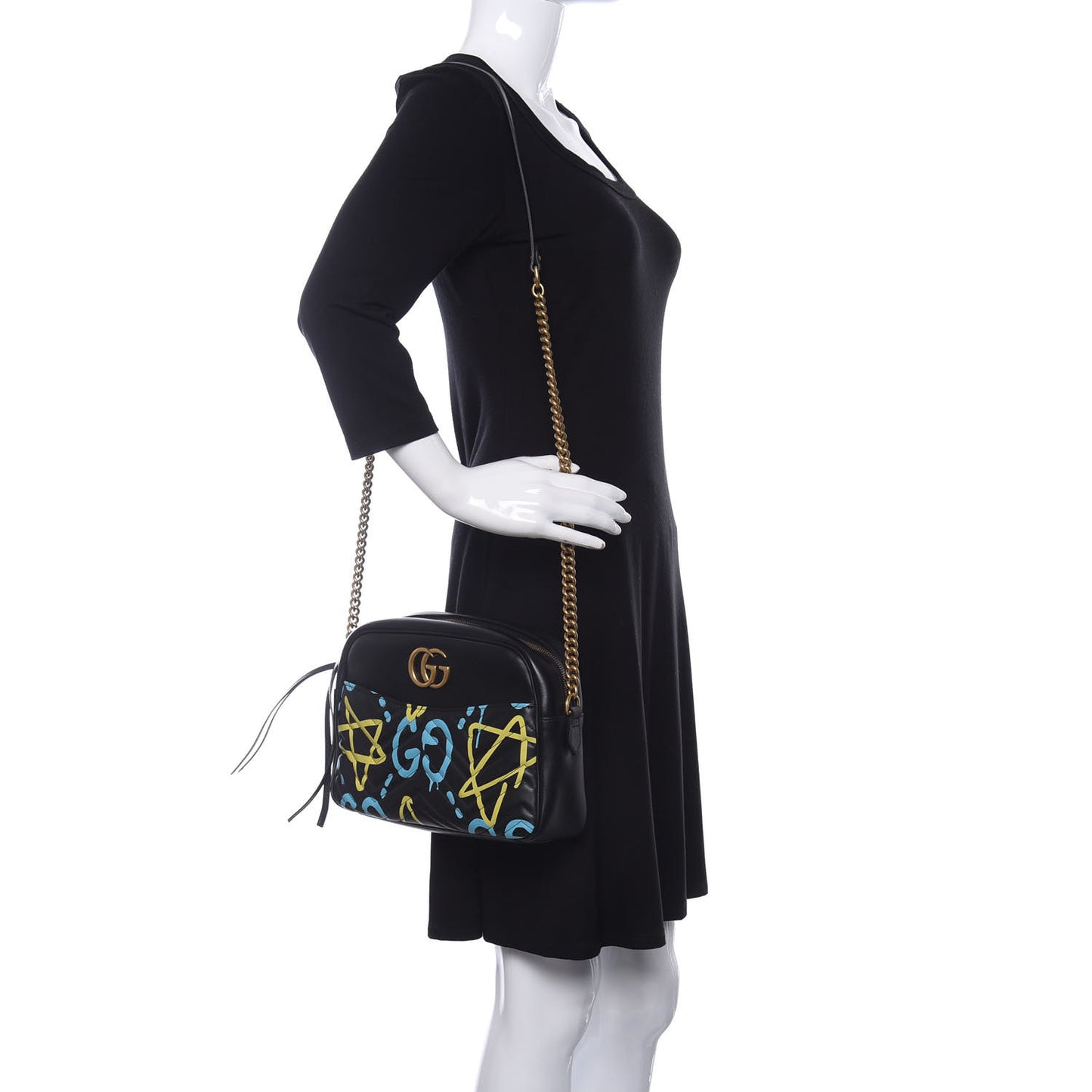Calfskin Matelasse GucciGhost Medium GG Marmont Chain Shoulder Bag Black New Acquamarine