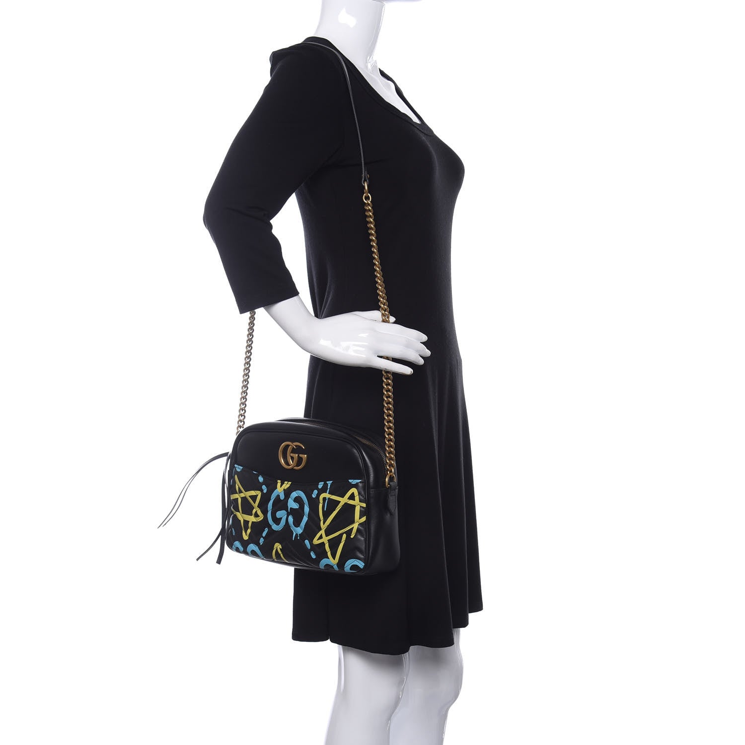 Gucci Calfskin Matelasse GucciGhost Medium GG Marmont Chain Shoulder Bag Black New Acquamarine 2 of 11