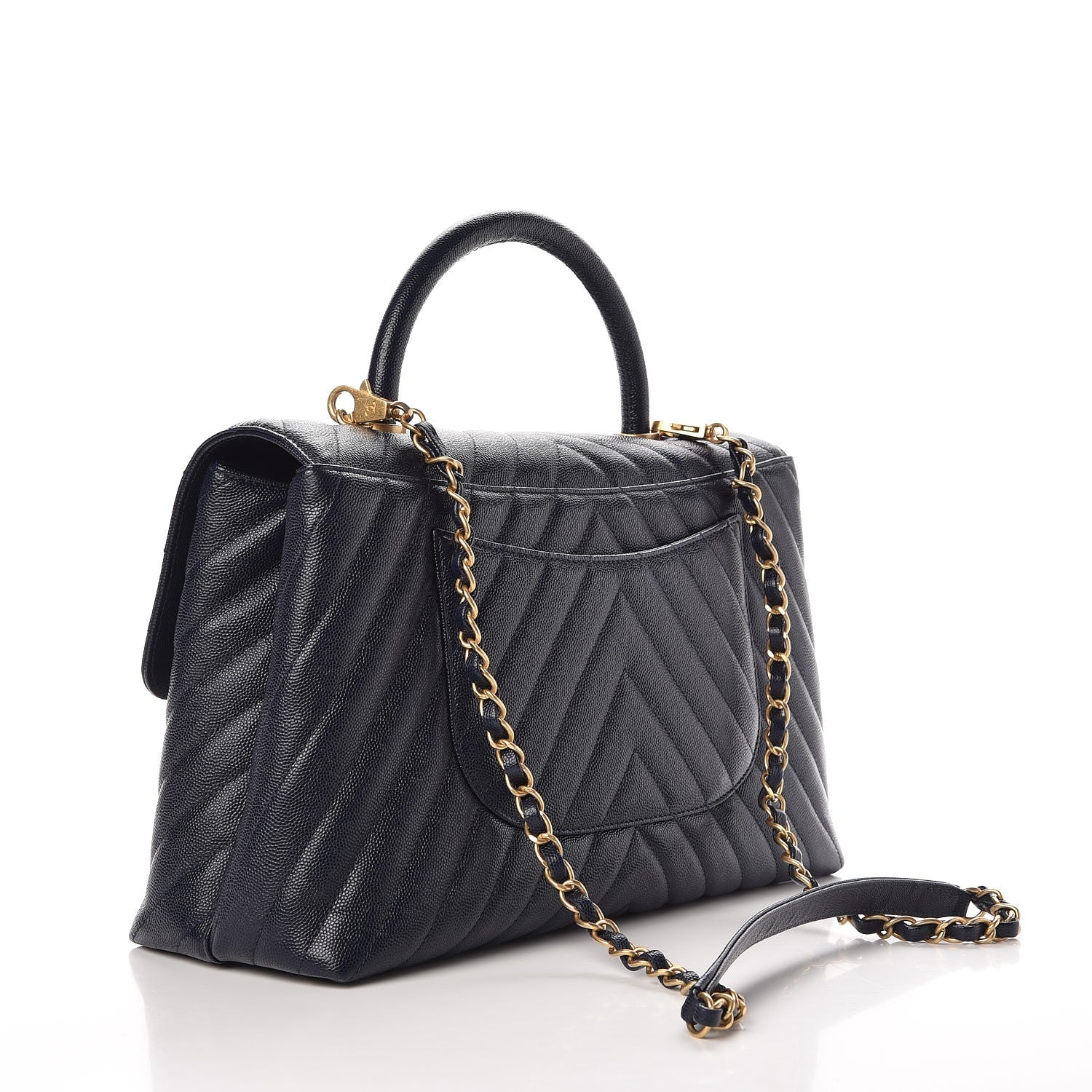 Chanel Caviar Chevron Quilted Medium Coco Handle Flap Navy Blue 3 of 8