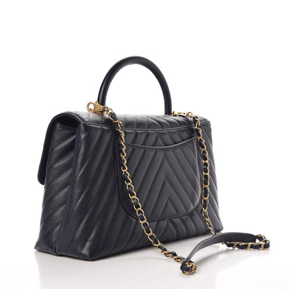 Chanel Caviar Chevron Quilted Medium Coco Handle Flap Navy Blue 3 of 8