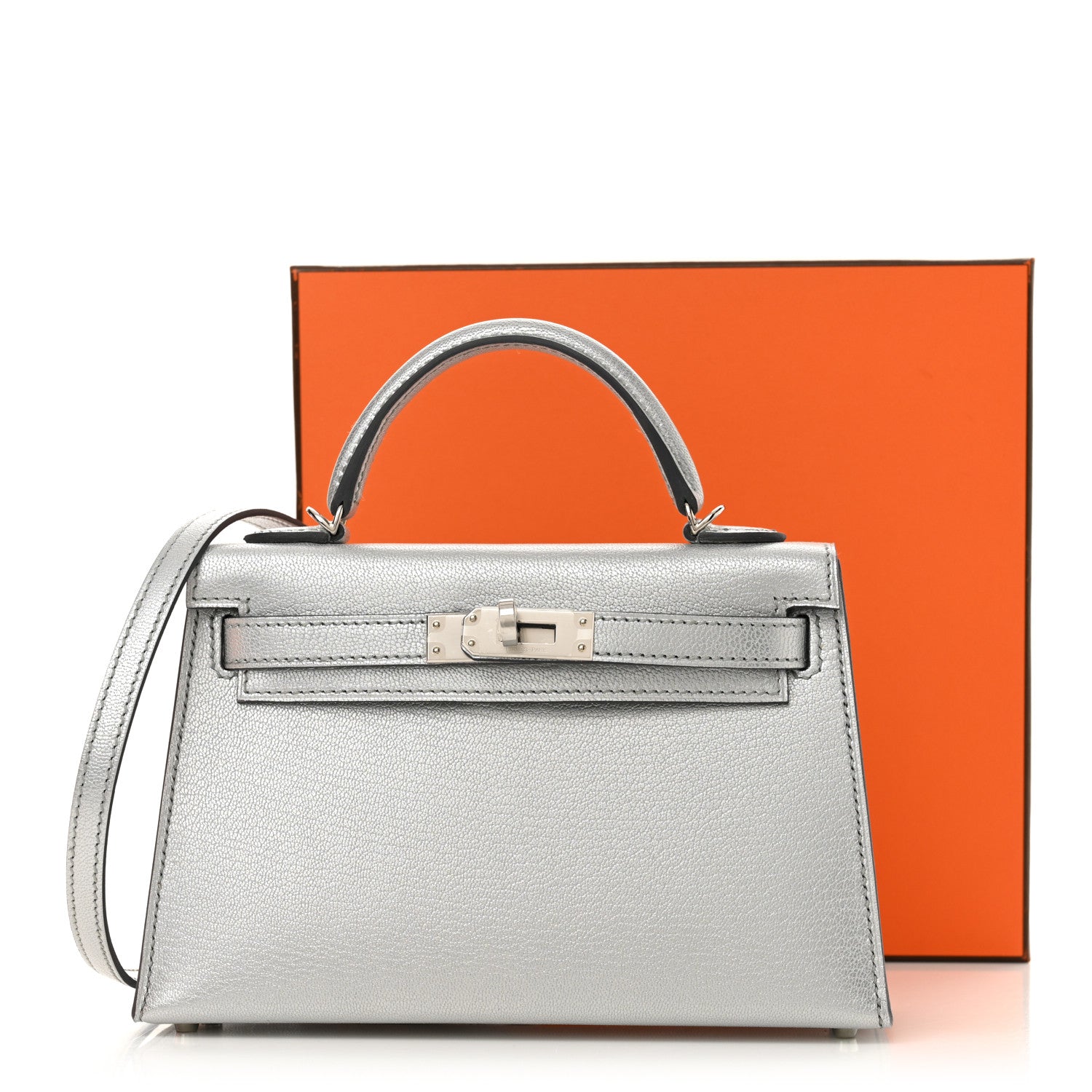 Hermes Metallic Chevre Chamkilight Mini Kelly Sellier 20 Argent