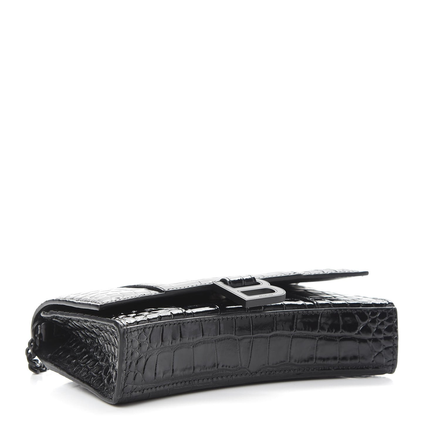 Shiny Calfskin Monochrome Crocodile Embossed Hourglass Chain Bag Black