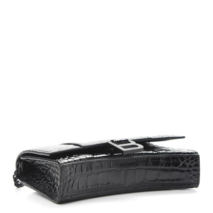 Balenciaga Shiny Calfskin Monochrome Crocodile Embossed Hourglass Chain Bag Black 4 of 8
