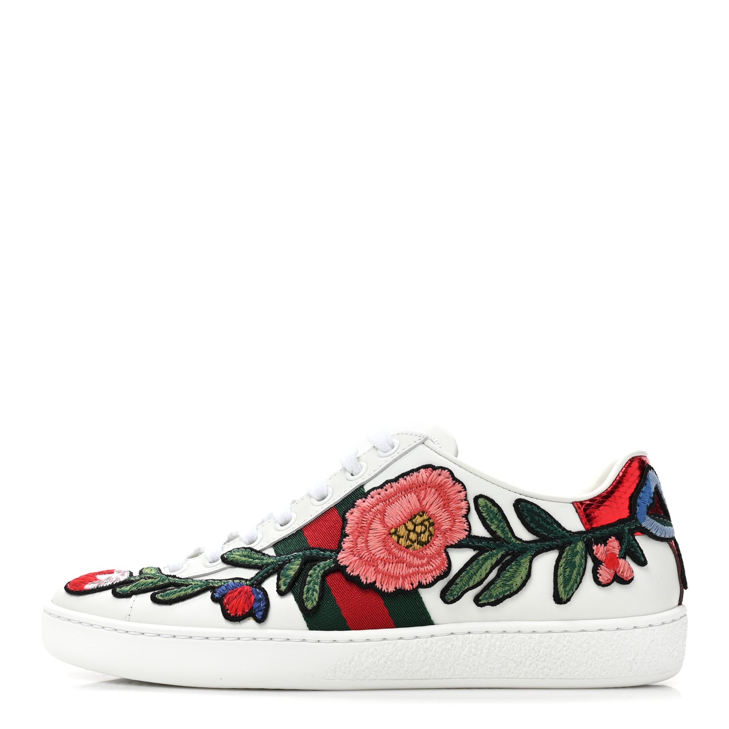Calfskin Web Floral Embroidered Womens Ace Sneakers 35 White