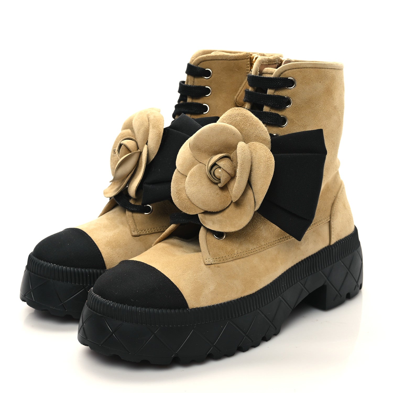 Chanel Suede Grosgrain Cap Toe CC Camellia Lace Up Combat Boots 38.5 Beige Black 3 of 8