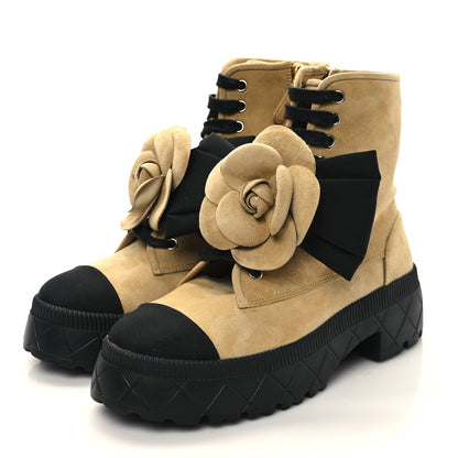 Chanel Suede Grosgrain Cap Toe CC Camellia Lace Up Combat Boots 38.5 Beige Black 3 of 8