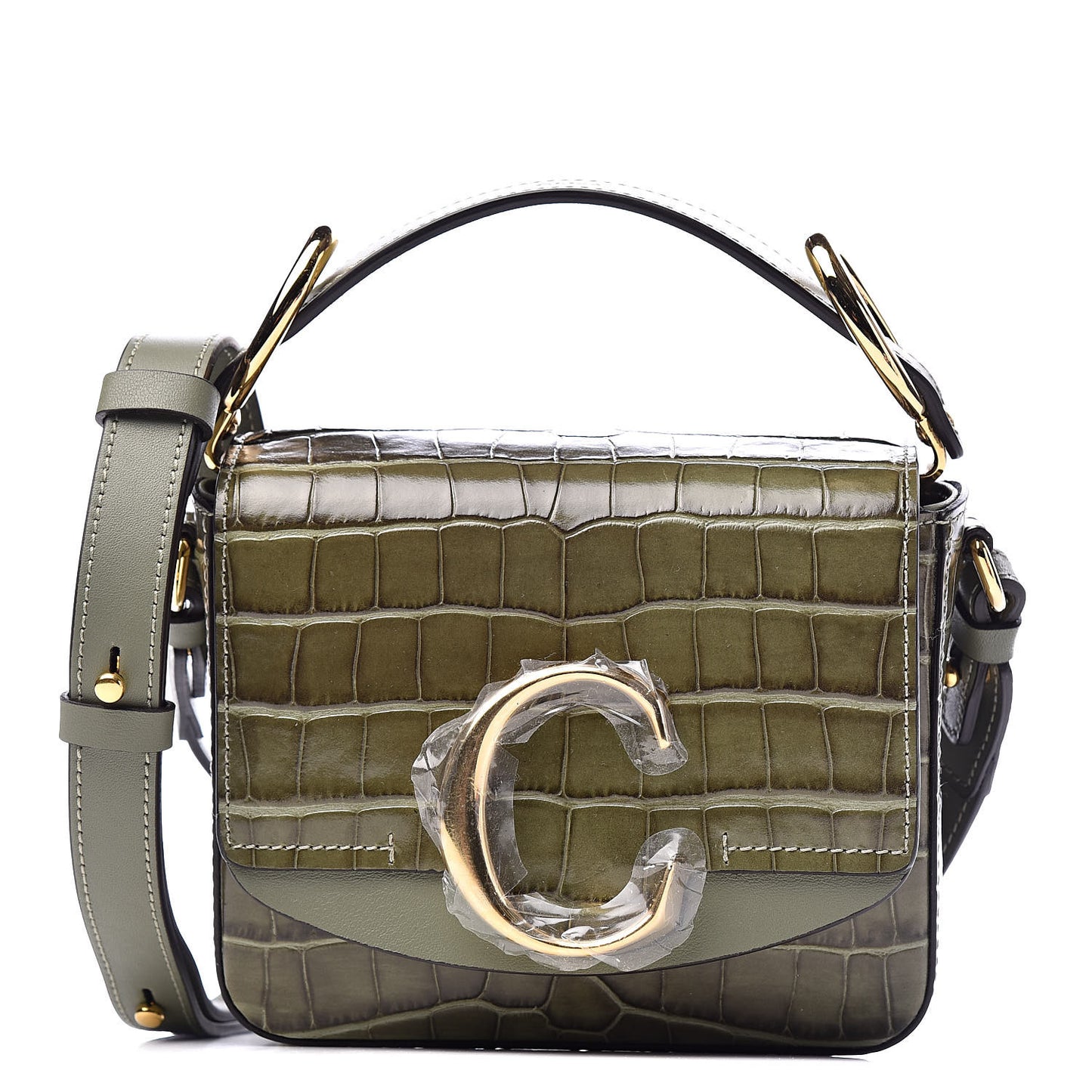 Calfskin Crocodile Embossed Mini C Double Carry Misty Forest