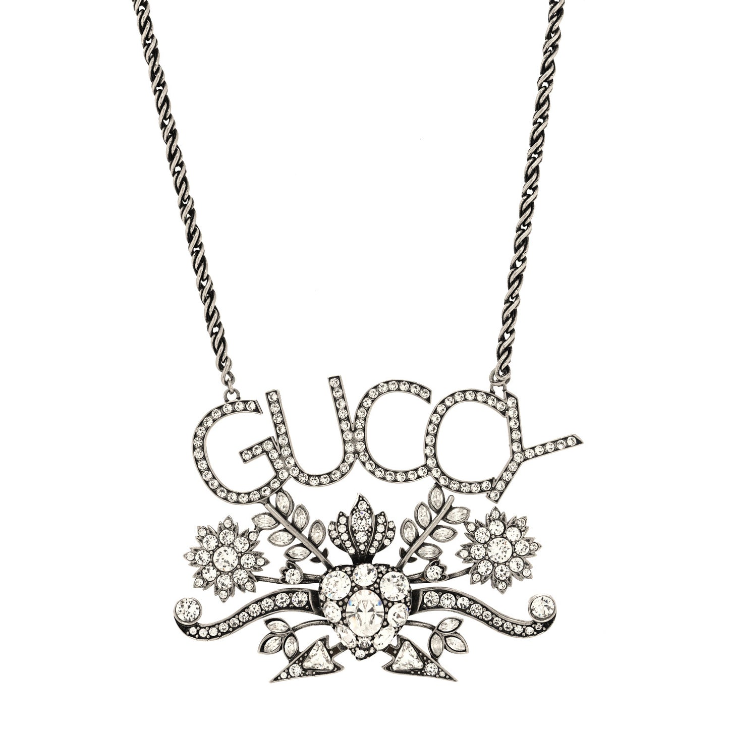 Metal Crystal Guccy Necklace Aged Silver