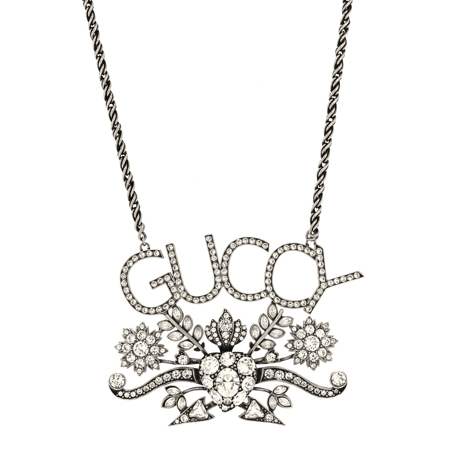 Gucci Metal Crystal Guccy Necklace Aged Silver 1 of 5