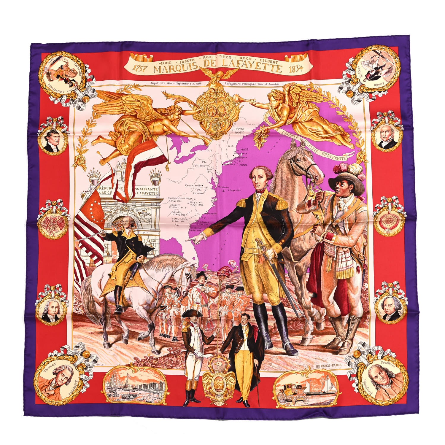 Hermes Silk Marquis De Lafayette Scarf 90 Violet Rouge Rose Poudre 1 of 6