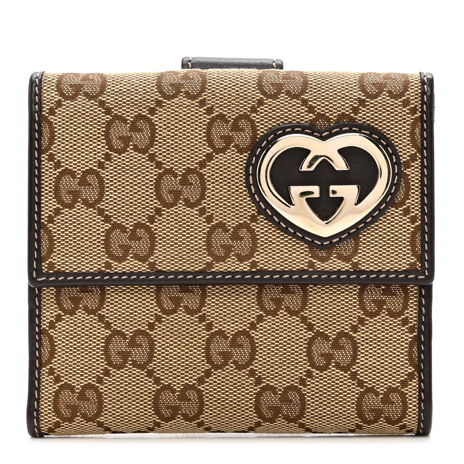 Gucci Monogram Lovely Heart French Flap Wallet Dark Brown 1 of 7