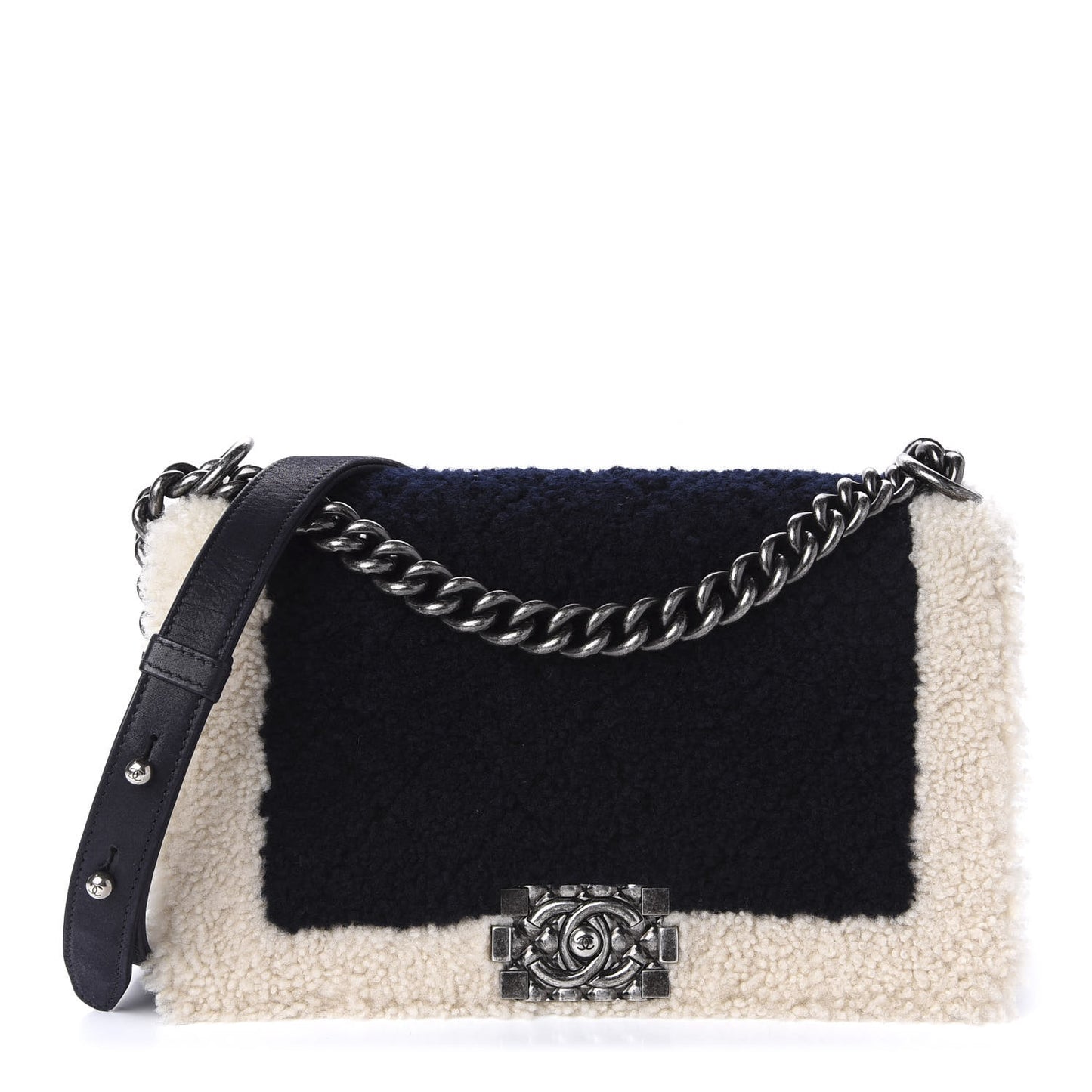 Shearling Iridescent Calfskin Medium Boy Flap Navy