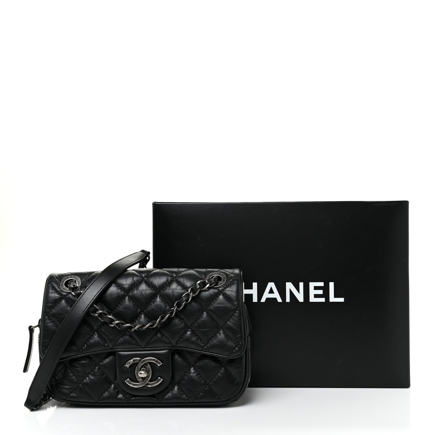 Aged Calfskin Quilted Small Easy Flap Black