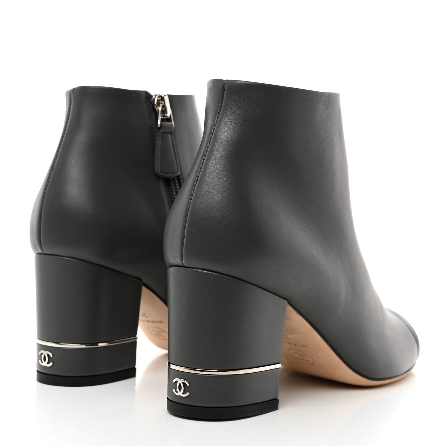 Calfskin Patent CC Cap Toe Ankle Booties 36 Grey Black