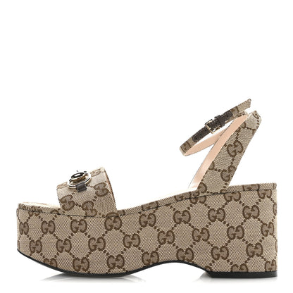 Gucci Monogram Nappa Chalotte Horsebit Ankle Strap 75mm Flatform Sandals 37.5 Beige Ebony 1 of 8