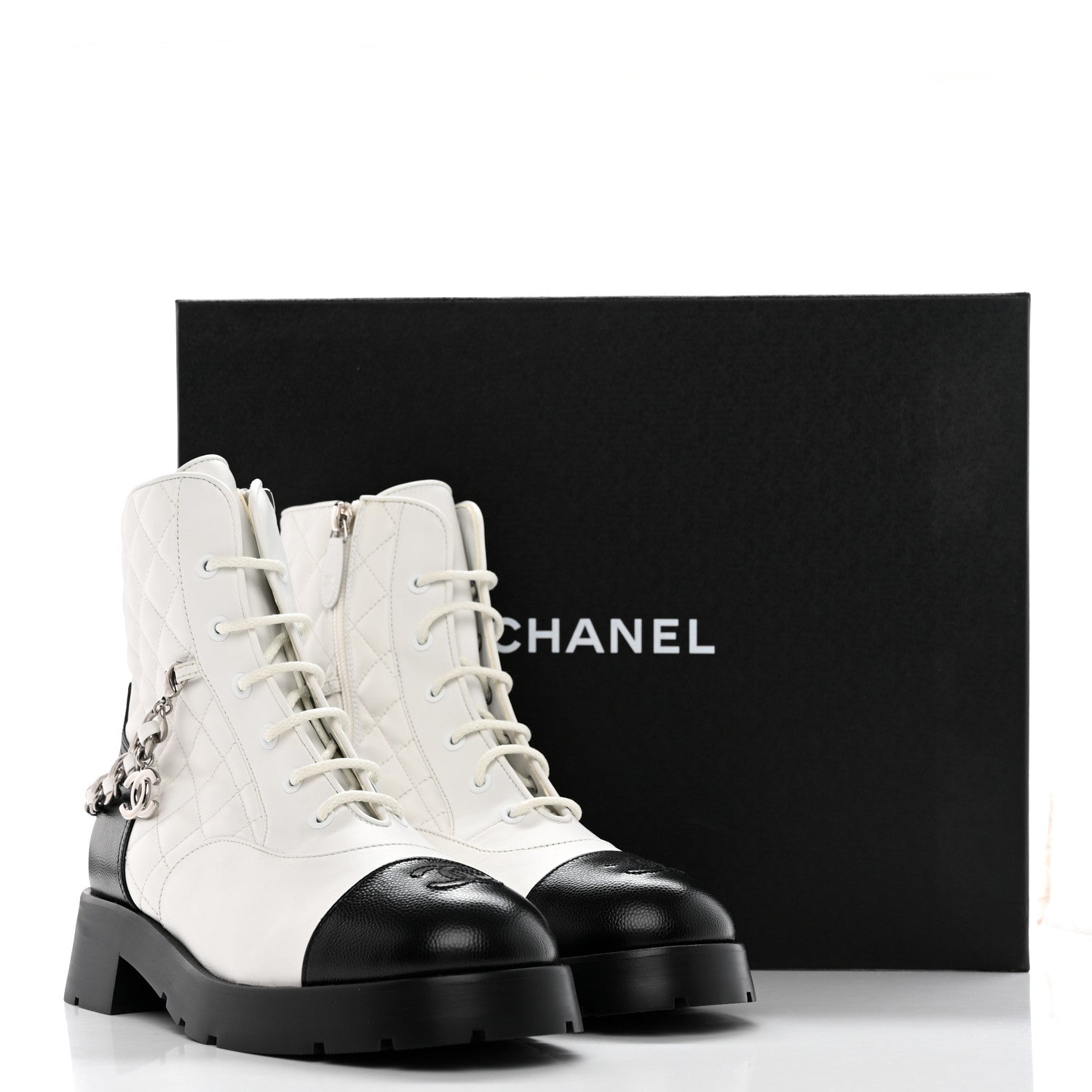 Chanel Caviar Calfskin Quilted Chain Lace Up Combat Boots 40 White Black 13 of 13
