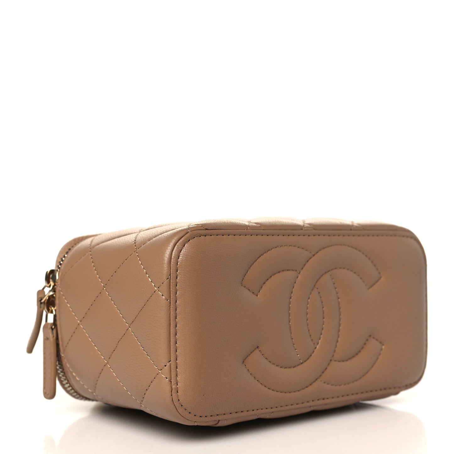 Lambskin Quilted Metal Small Top Handle Vanity Case With Chain Beige