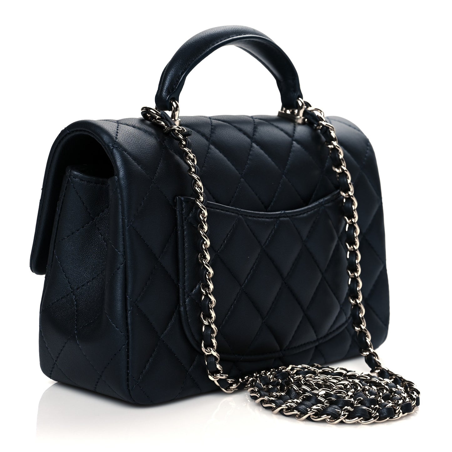 Lambskin Quilted Mini Top Handle Rectangular Flap Navy Blue