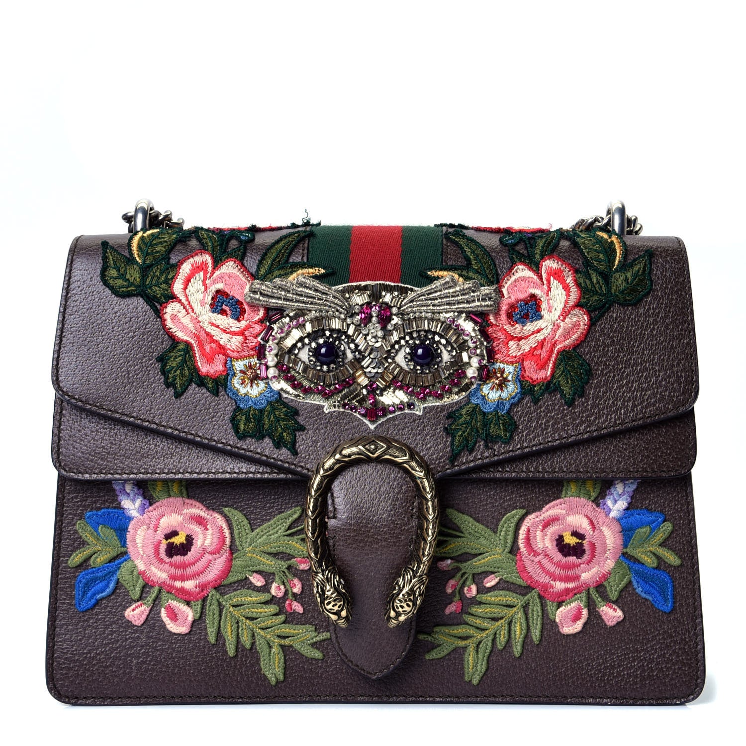 Gucci Calfskin Web Owl Embroidered Medium Dionysus Shoulder Bag New Acero Multicolor 1 of 4