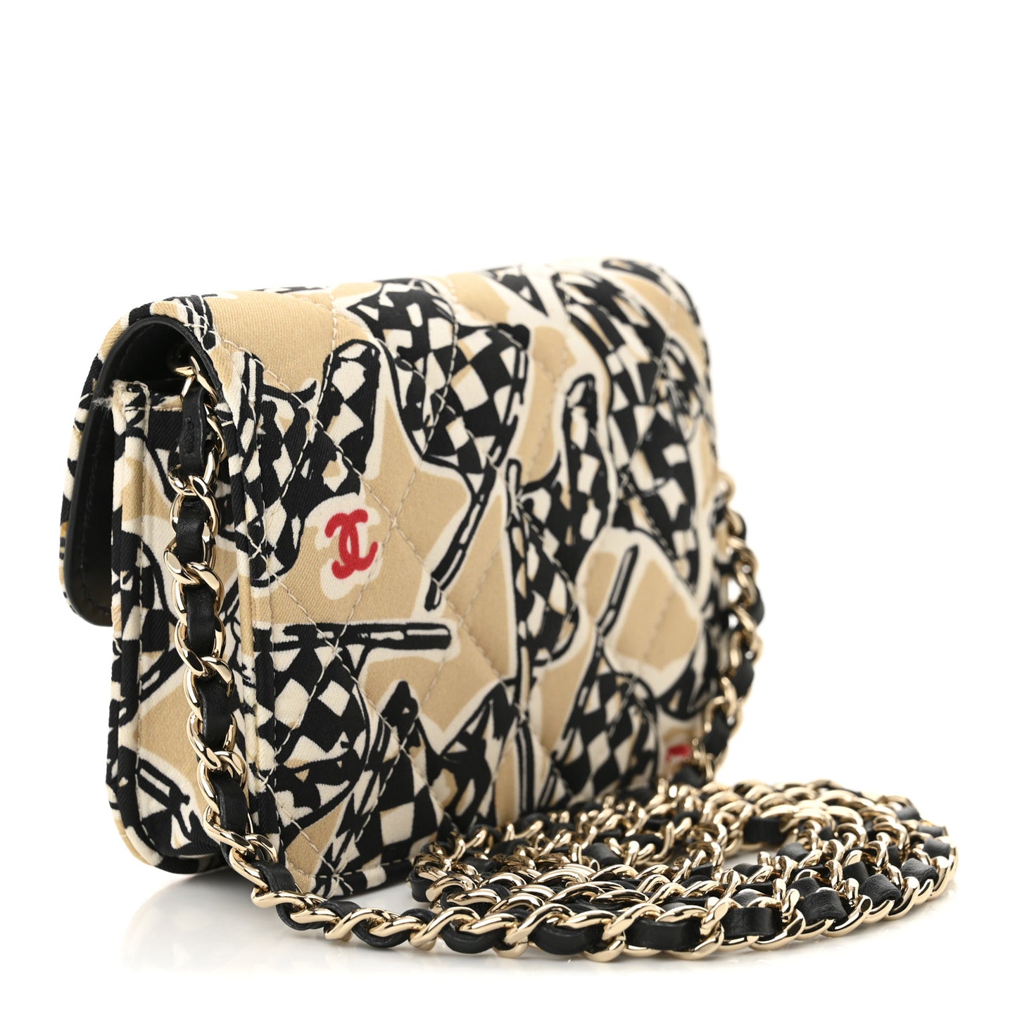 Canvas Check Flag Printed CC Clutch With Chain Beige Multicolor